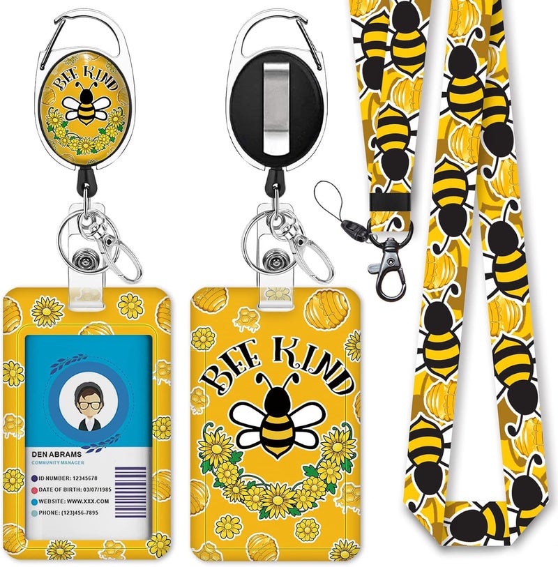 GIANCOMICS Cute Bee Kind Lanyards for Id Badges, Fashionable Badge Reel Heavy Duty with Carabiner Clip, ID Badge Holder with Lanyard, Nurse Teacher Office Gifts - Image 1
